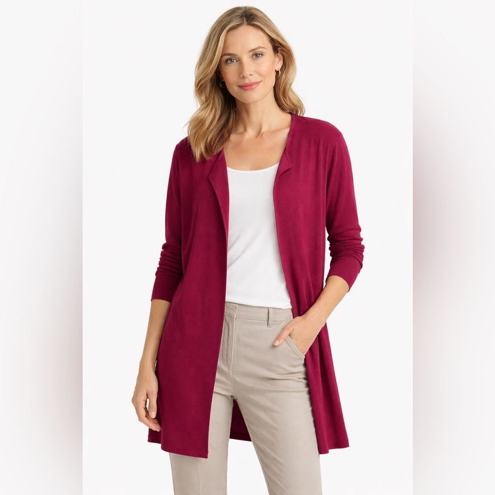 Eileen Fisher Silk Cotton Blend Open Front Cardigan Drape Berry Red Size Medium
